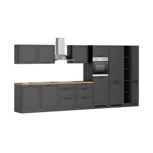 Moderne graue Held Küchenzeile Kempten 420 cm mit E-Geräten und Arbeitsplatte in Holzoptik.