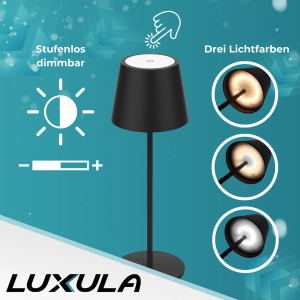 Schwarze LUXULA Akku Tischlampe mit Dimmfunktion und drei Lichtfarben für den Innen- und Außenbereich.