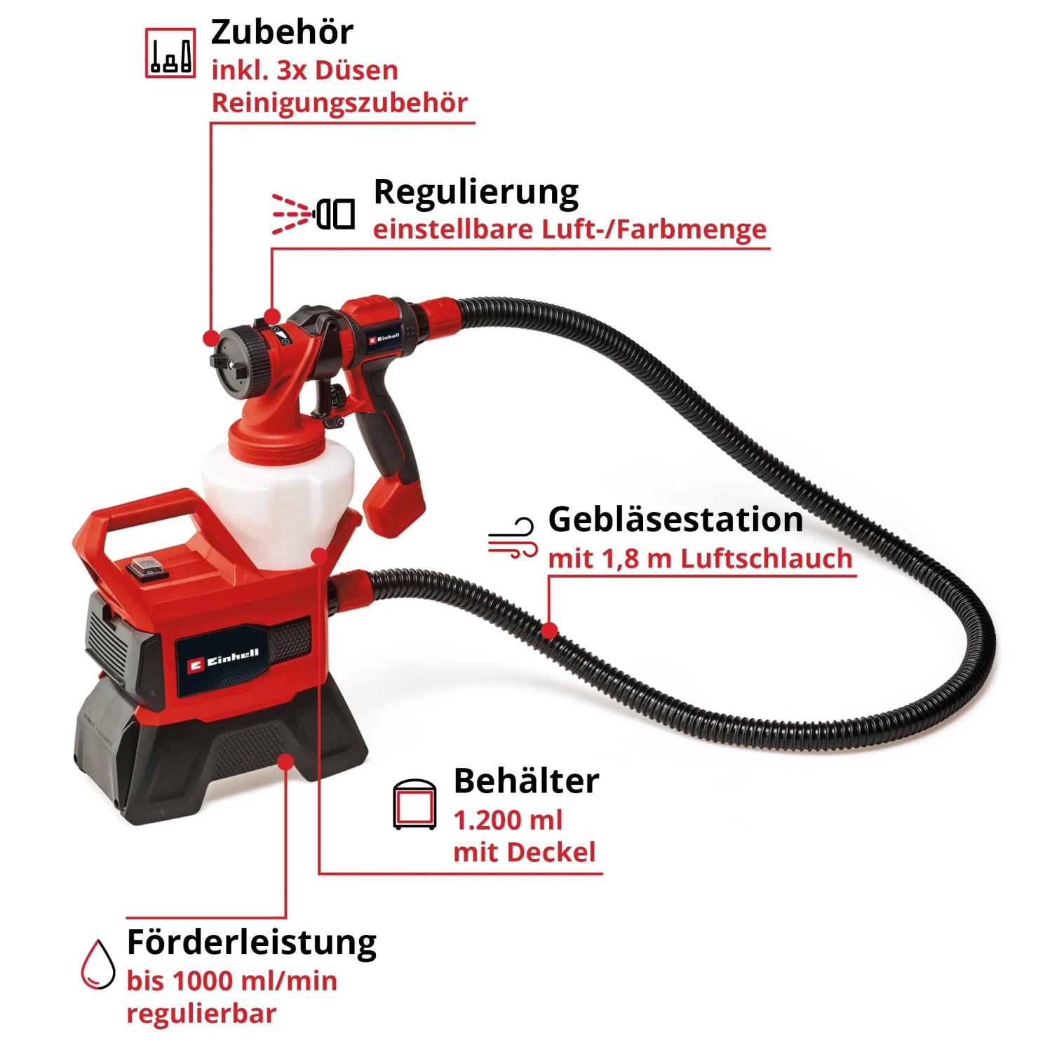 Einhell Akku Airbrush TE-SY 18/90 Li Solo Farbsprühgerät mit Zubehör, Düsen und Gebläsestation.