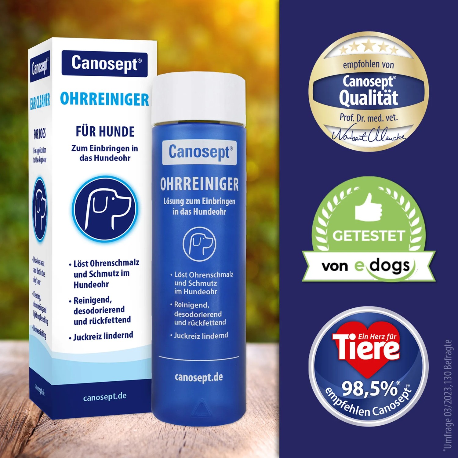Canosept Ohrreiniger für Hunde, 125ml Flasche und Verpackung. Reinigt, desodoriert und lindert Juckreiz.