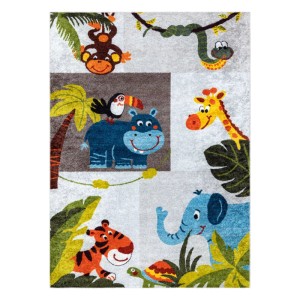 Grauer RugsX Junior Kinderteppich mit bunten Dschungeltieren: Affe, Nilpferd, Elefant, Giraffe. Waschbar, aus Polyester.
