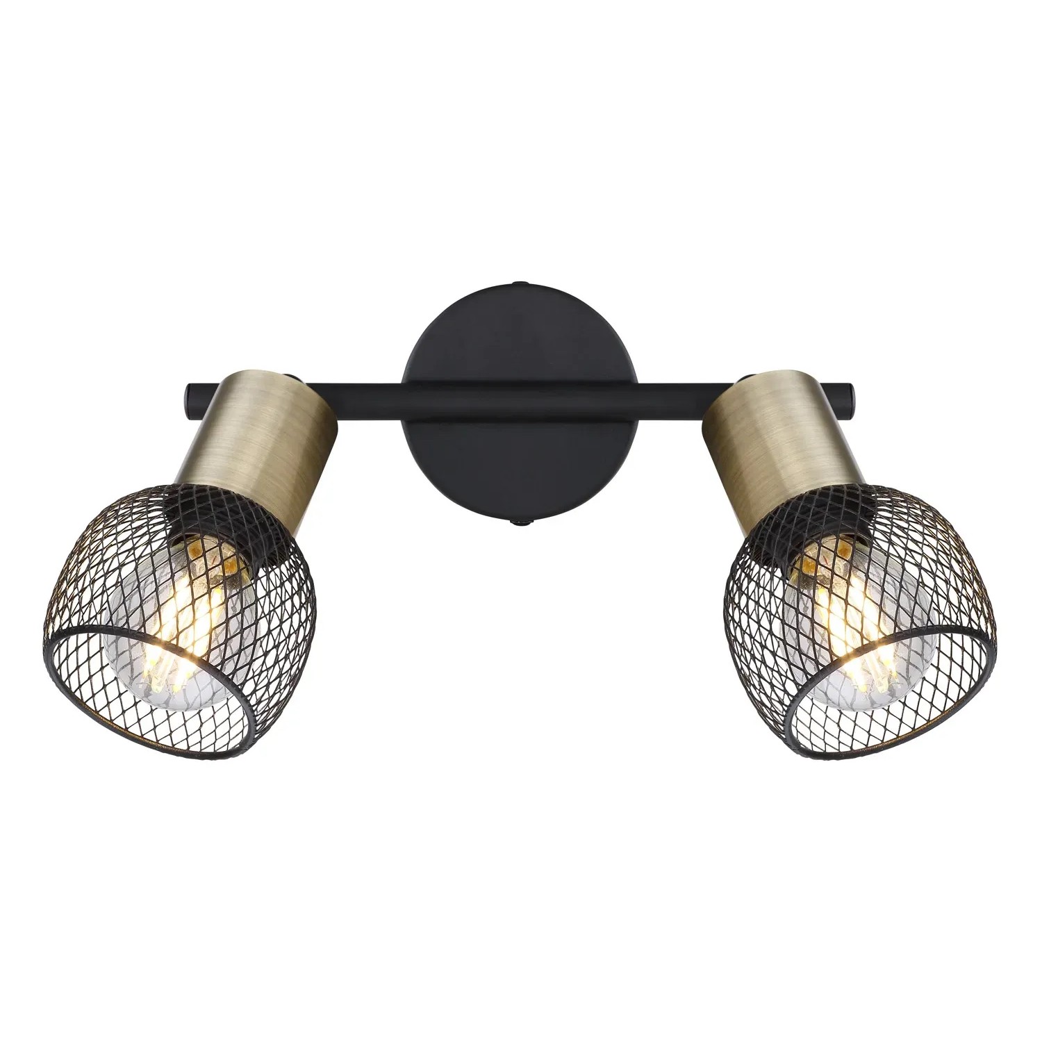 Globo Deckenstrahler Fiastra, 2-flammig, schwarz/altmessing, mit Metallgitterschirmen.