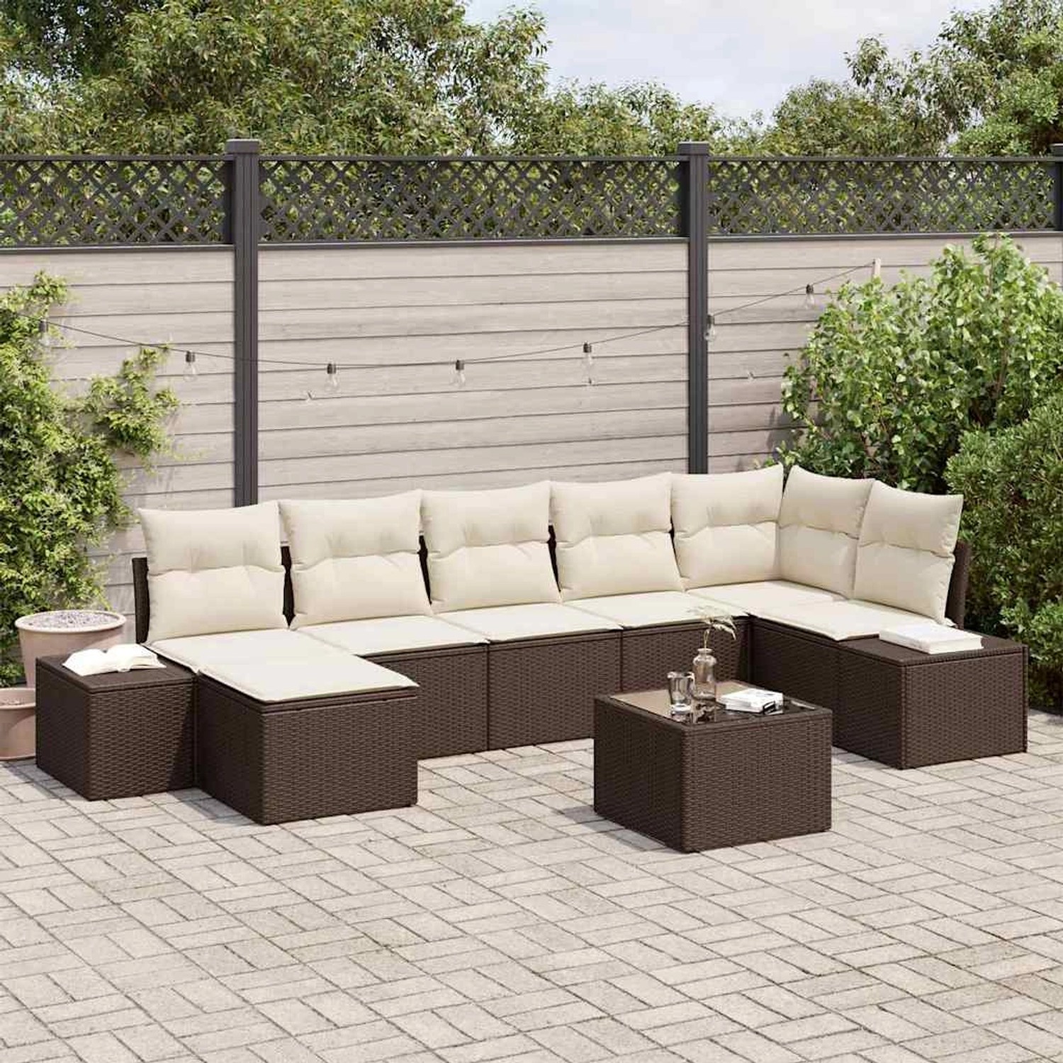 7-teiliges vidaXL Garten-Sofaset aus Poly Rattan in Grau mit Kissen. Gartenmöbel für Terrasse und Garten.