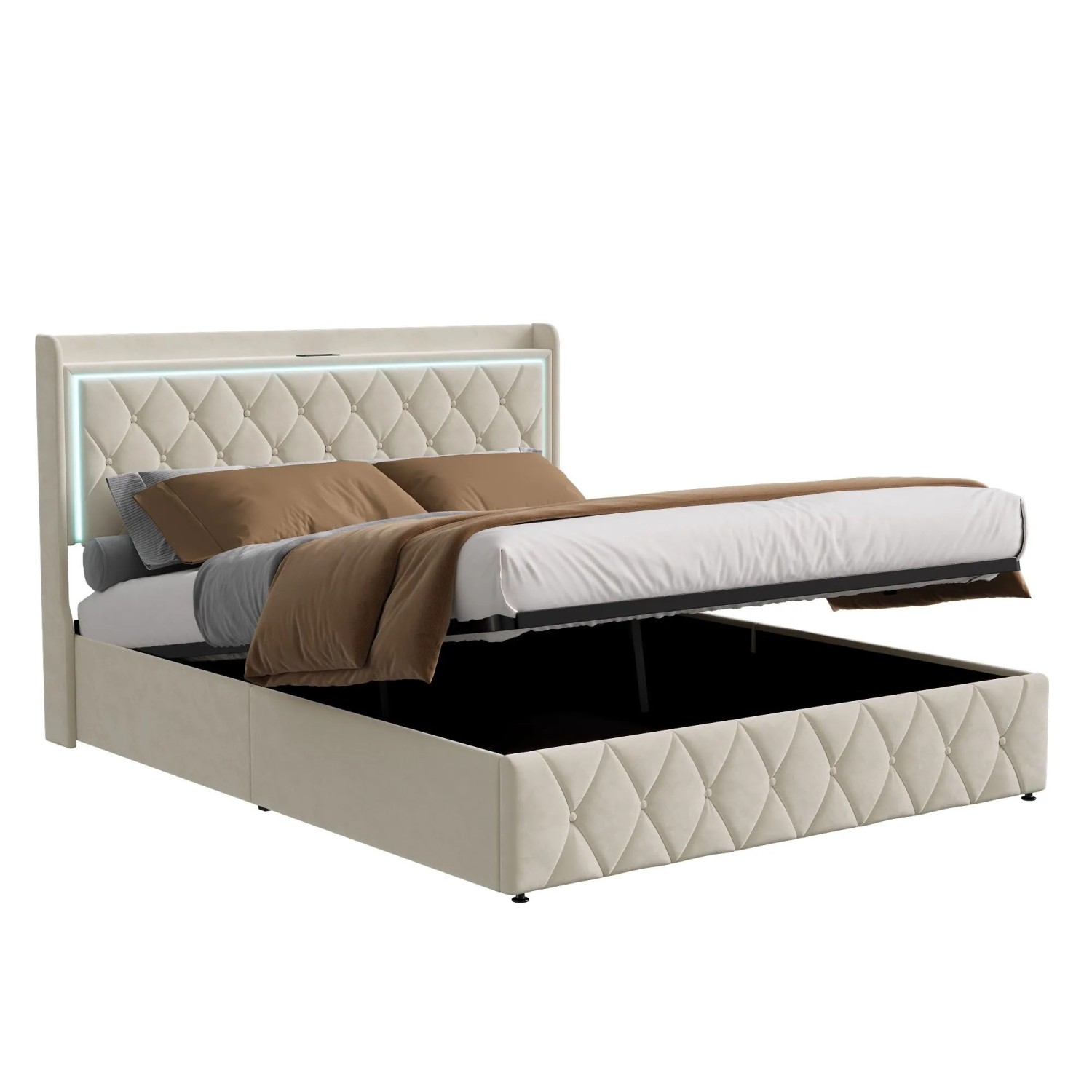 PXloue Polsterbett 160x200cm mit LED und Stauraum&Ladestation Bett in Beige