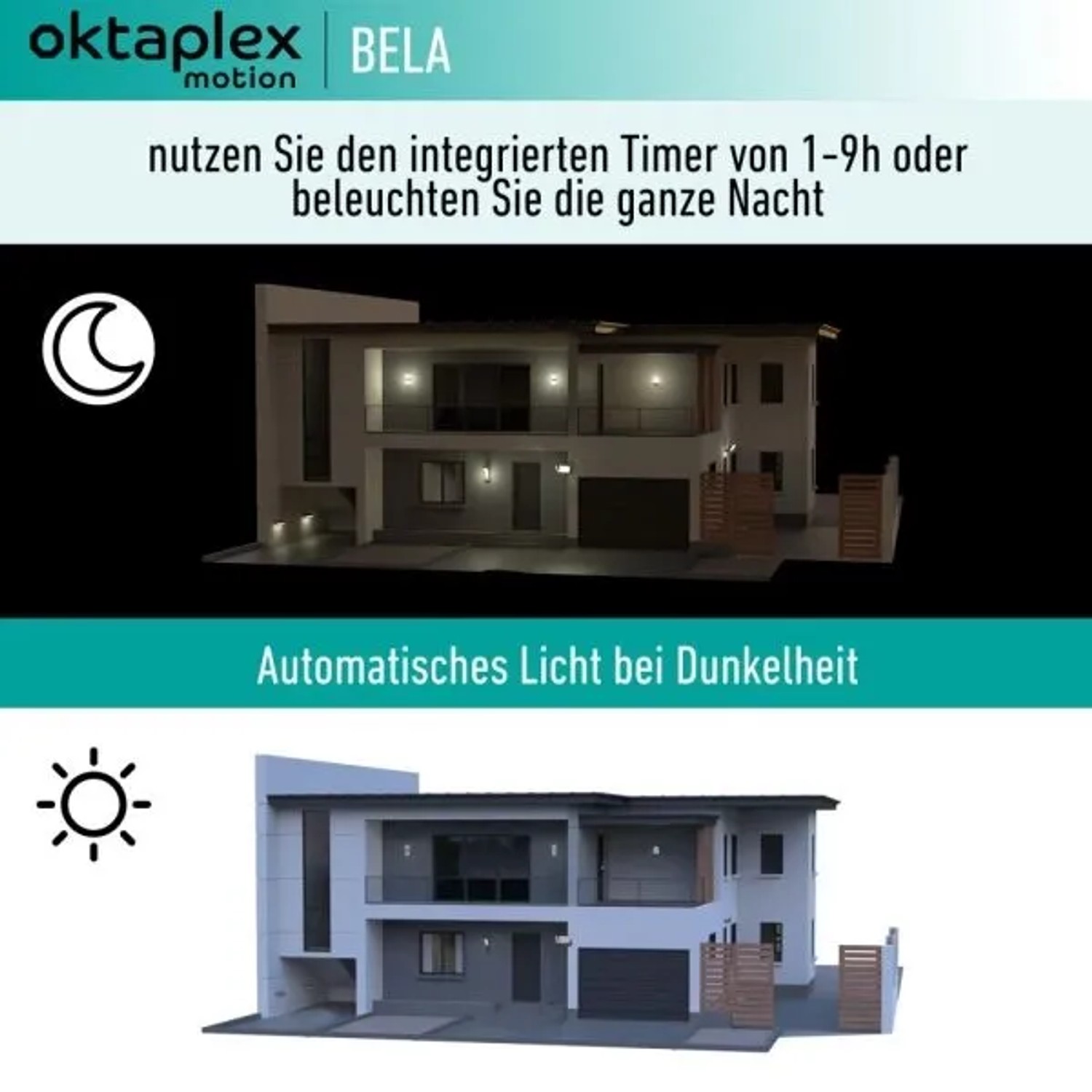 Oktaplex Bela Dämmerungsschalter für Außen, anthrazit, mit Hausbeleuchtung bei Tag und Nacht.