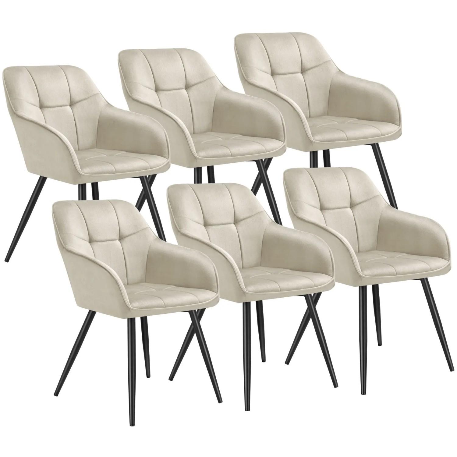 Tectake Esszimmerstuhl Marilyn Gepolstert  In Samtoptik  Gesteppt Durchgehende Lehne 6Er Set 62 x 58 x 82 cm Creme Schwarz