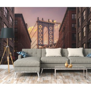 Fototapete New York Brooklyn Bridge in Braun und Grau, angebracht im Wohnzimmer.