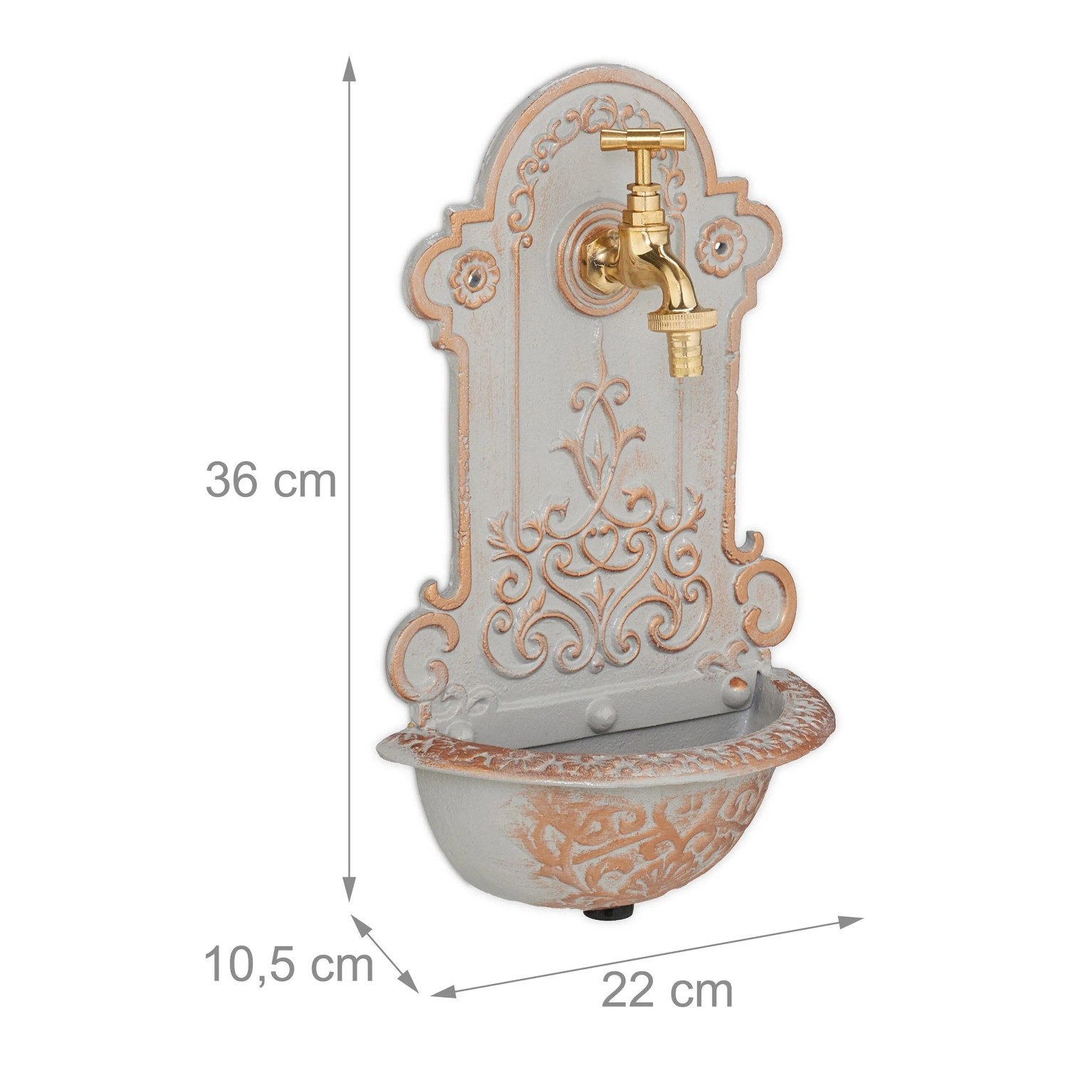Relaxdays Wandbrunnen Gusseisen Grau Gold 36 cm x 22 cm x 10,5 cm 2,8 kg_4