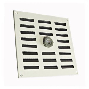 Weißes Aluminium Lüftungsgitter 250x250 mm mit verstellbaren Lamellen und Drehknopf zur Luftregulierung.