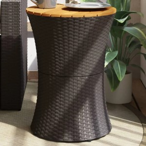 Schwarzer vidaXL Garten-Beistelltisch in Trommelform aus Rattan mit Akazienholzplatte.