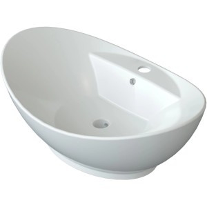 Weißes, ovales Aquabatos Aufsatzwaschbecken aus Keramik mit Hahnloch und Überlauf.