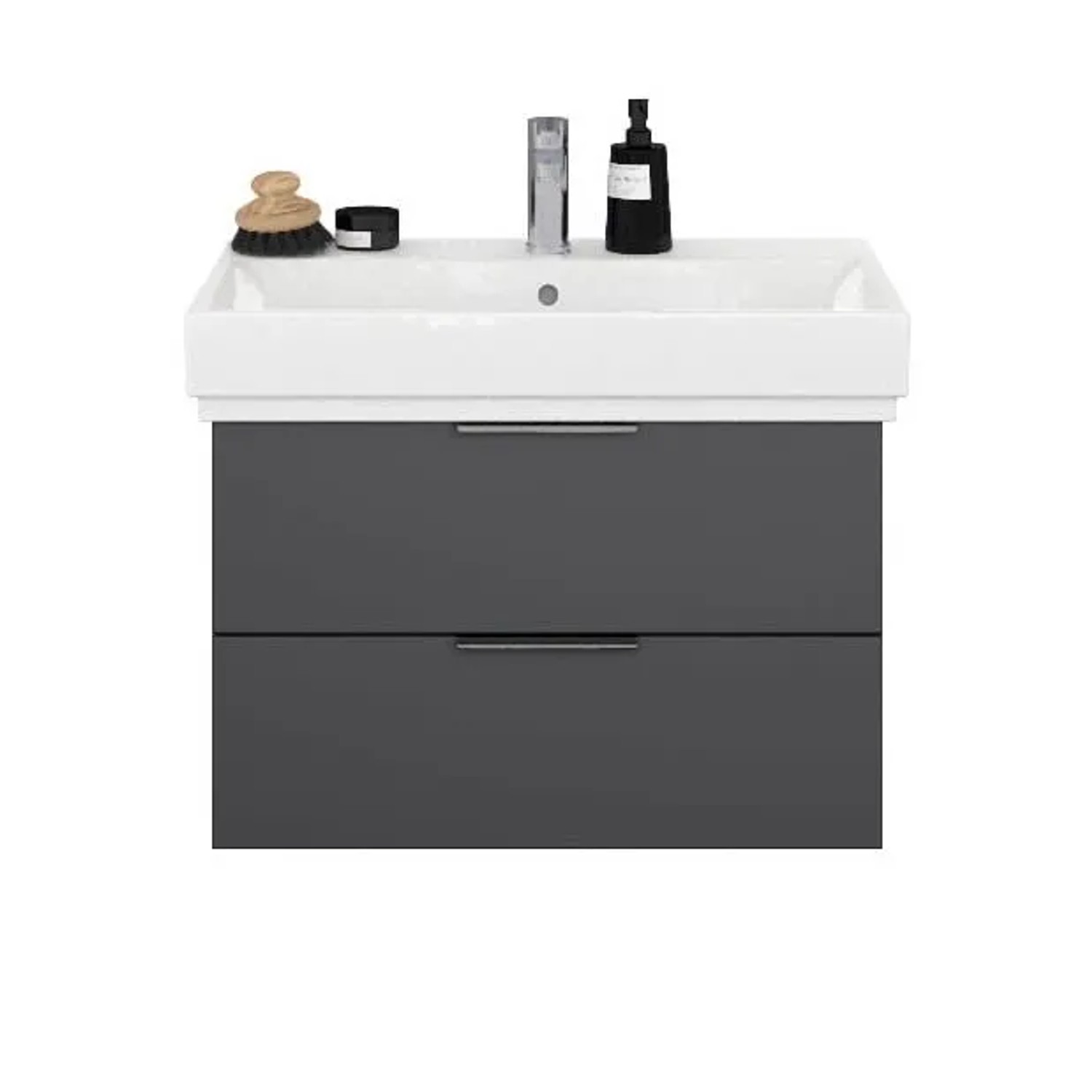 Steinkamp Unterschrank Living 2.0 mit Raumsparsiphon Schwarz Matt Select mit GROHE Waschtisch Cube 80 cm