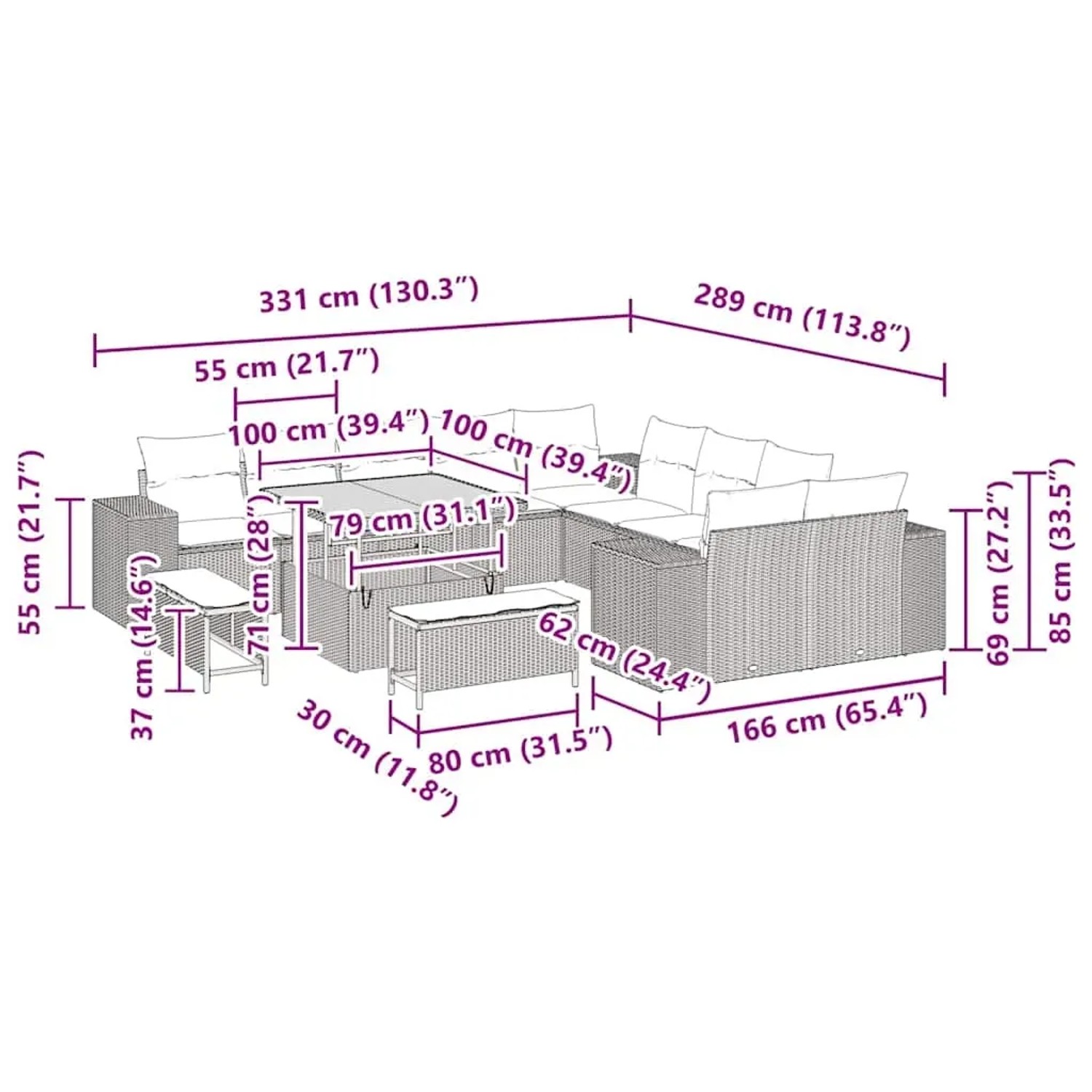 Beiges 13-teiliges Garten-Sofa-Set aus Poly Rattan mit Tisch und verstellbarer Höhe.