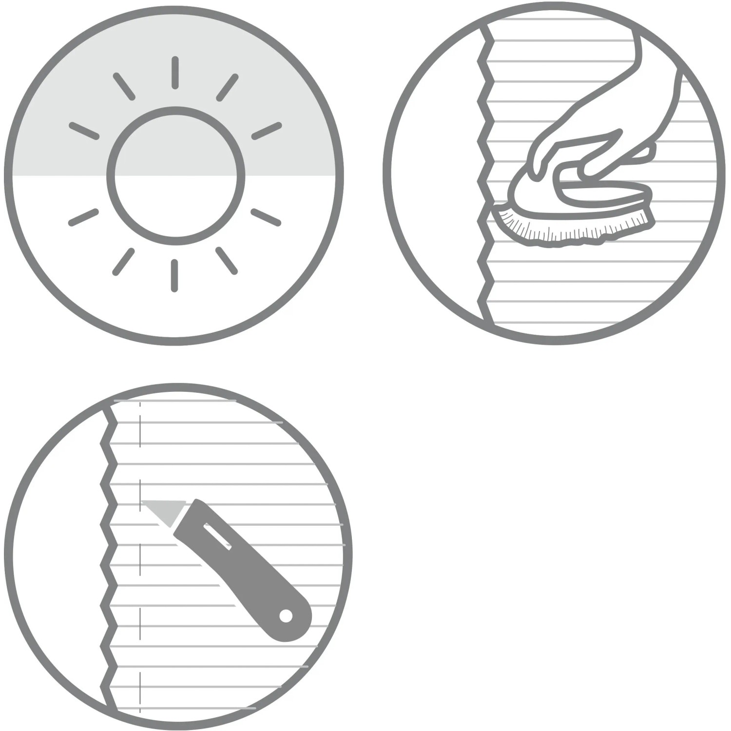 Symbole für Lichtdurchlässigkeit, Reinigung und Kürzbarkeit des Schöner Wohnen Plissees.