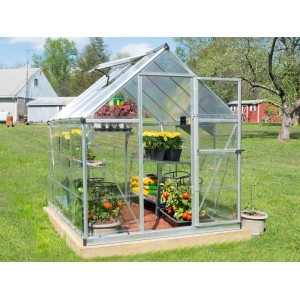 Palram Canopia Hybrid Gewächshaus 2.5x1.9 m, silberner Rahmen, klare Wände, mit Pflanzen.