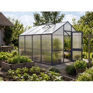 Großes KGT Gewächshaus in Anthrazit-Grau, 12,74 m², mit transparenten Doppelstegplatten, offener Tür und Dachfenster, im Garten.