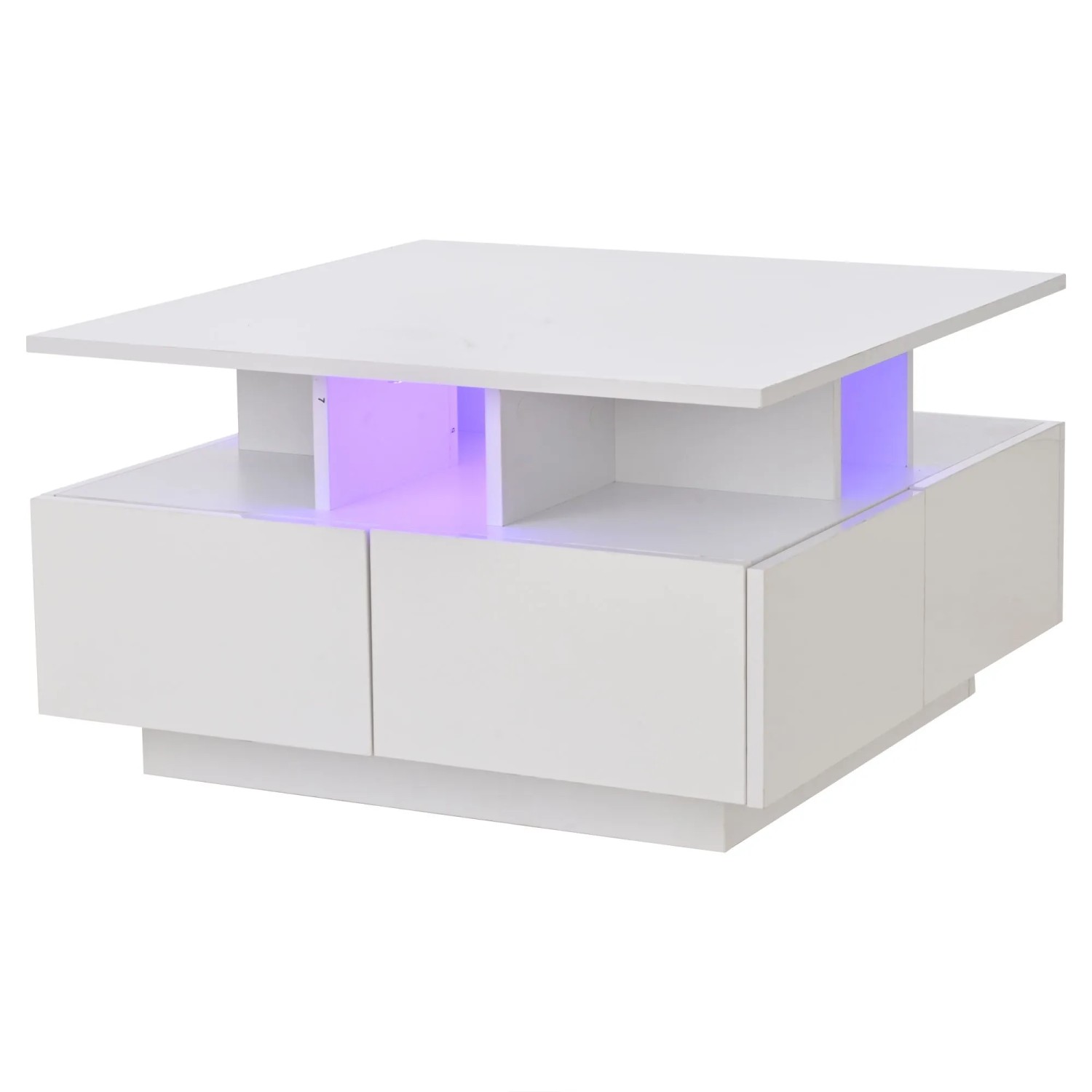 ModernLuxe Couchtisch Hochglanz mit LED Beleuchtung 4 Schubladen Spanplatte Weiß