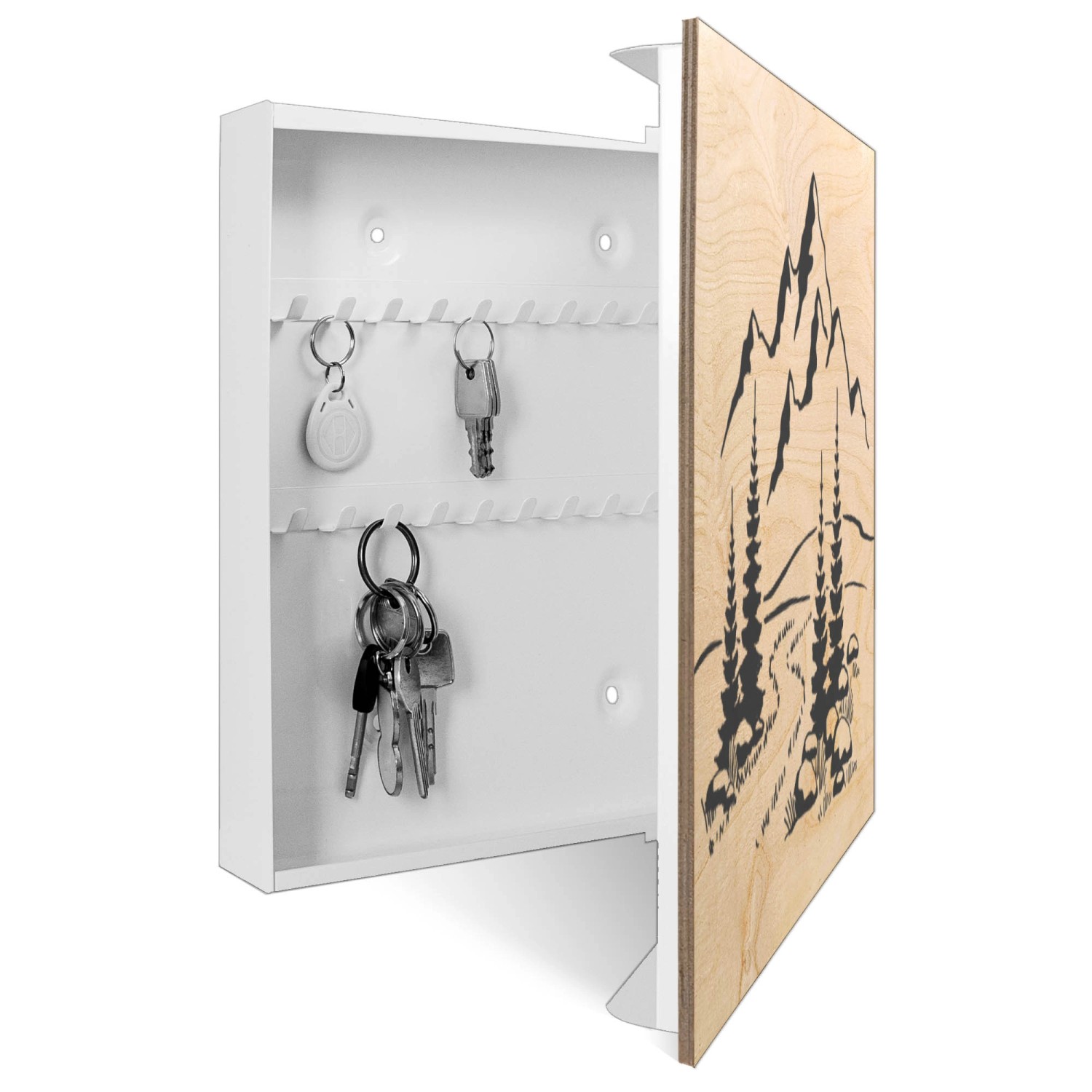 Banjado Schlüsselbox mit Berglandschaft Motiv, weißer Kasten mit 50 Haken für Schlüssel.