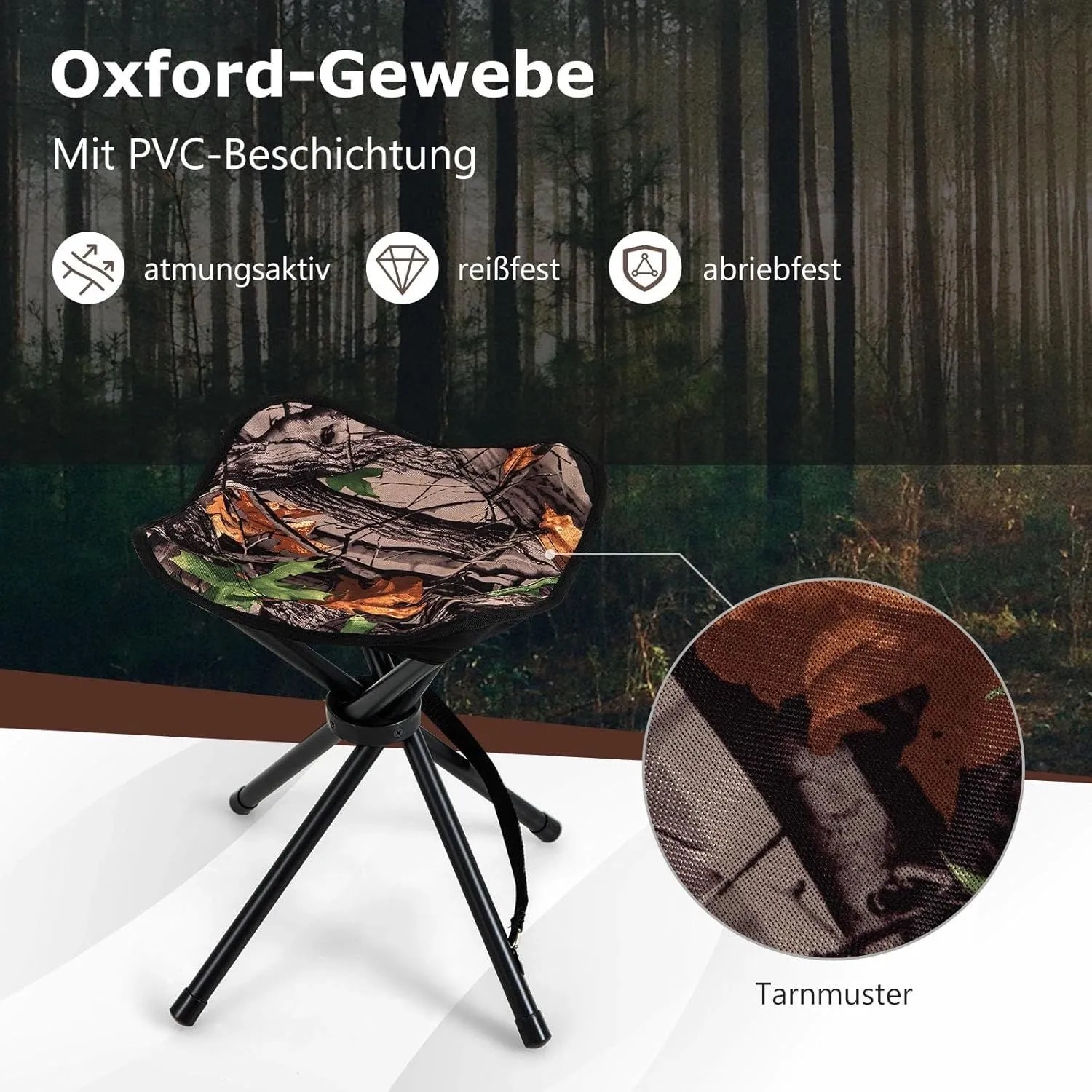 Faltbarer Dreibeinhocker mit Tarnmuster-Sitz aus Oxford-Gewebe, schwarzen Metallbeinen und Schultergurt.