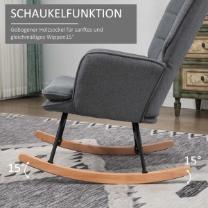 Grauer HOMCOM Schaukelstuhl mit gepolstertem Sitz und Rückenlehne, auf gebogenen Holzsockeln für sanftes Wippen.