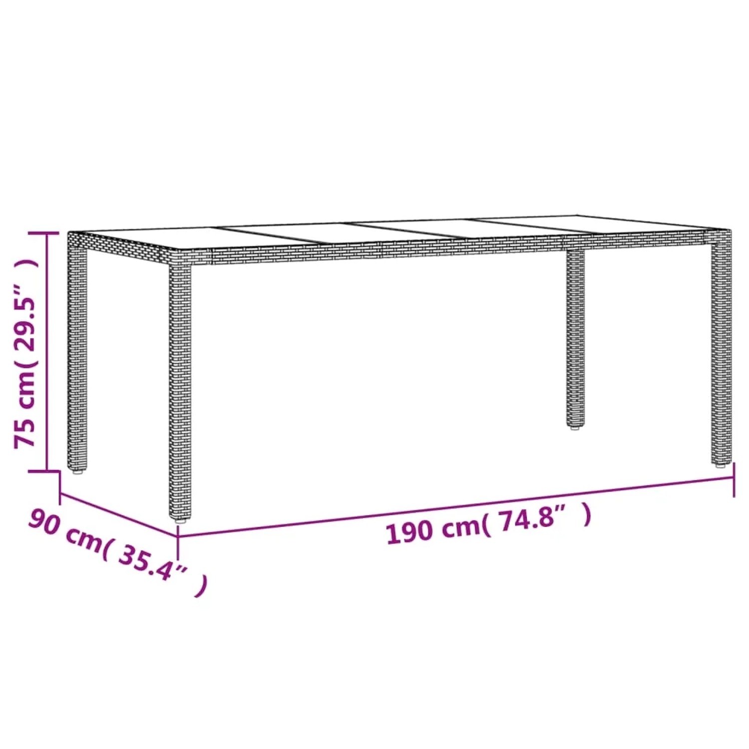 vidaXL Garten-Essgruppe, 9-teilig, grau, Poly Rattan, Glas, Abmessungen