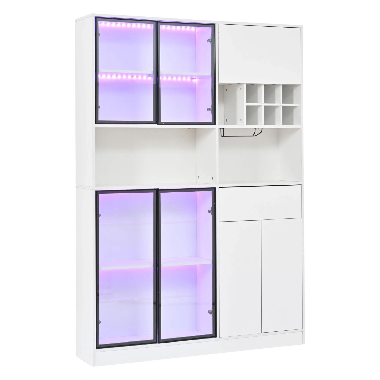 Merax Vitrine mit LED 7 Türen Schublade Weinregal Becherhalter Weiß 140x30x200 cm