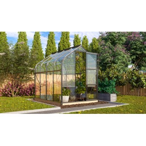 Schwarzes Vitavia Gewächshaus Orion 5000 mit Glasfront im Garten.