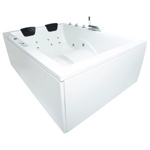 Basera® Indoor Whirlpool XXL Wave Premium, 190x140cm, weiße Badewanne mit schwarzen Kopfstützen und Armatur.