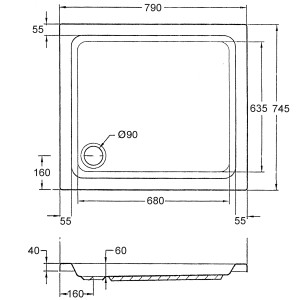 Technische Zeichnung der rechteckigen Ottofond Duschwanne Samos, 80x75 cm, mit Maßangaben.
