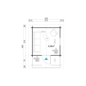 Grundriss Kinderspielhaus Lido Natur 215x215 cm, mit Maßen und Möbeln.
