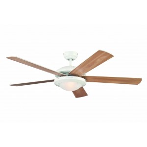 Weißer WESTINGHOUSE Deckenventilator Comet 132 cm mit Beleuchtung und Holzflügeln.