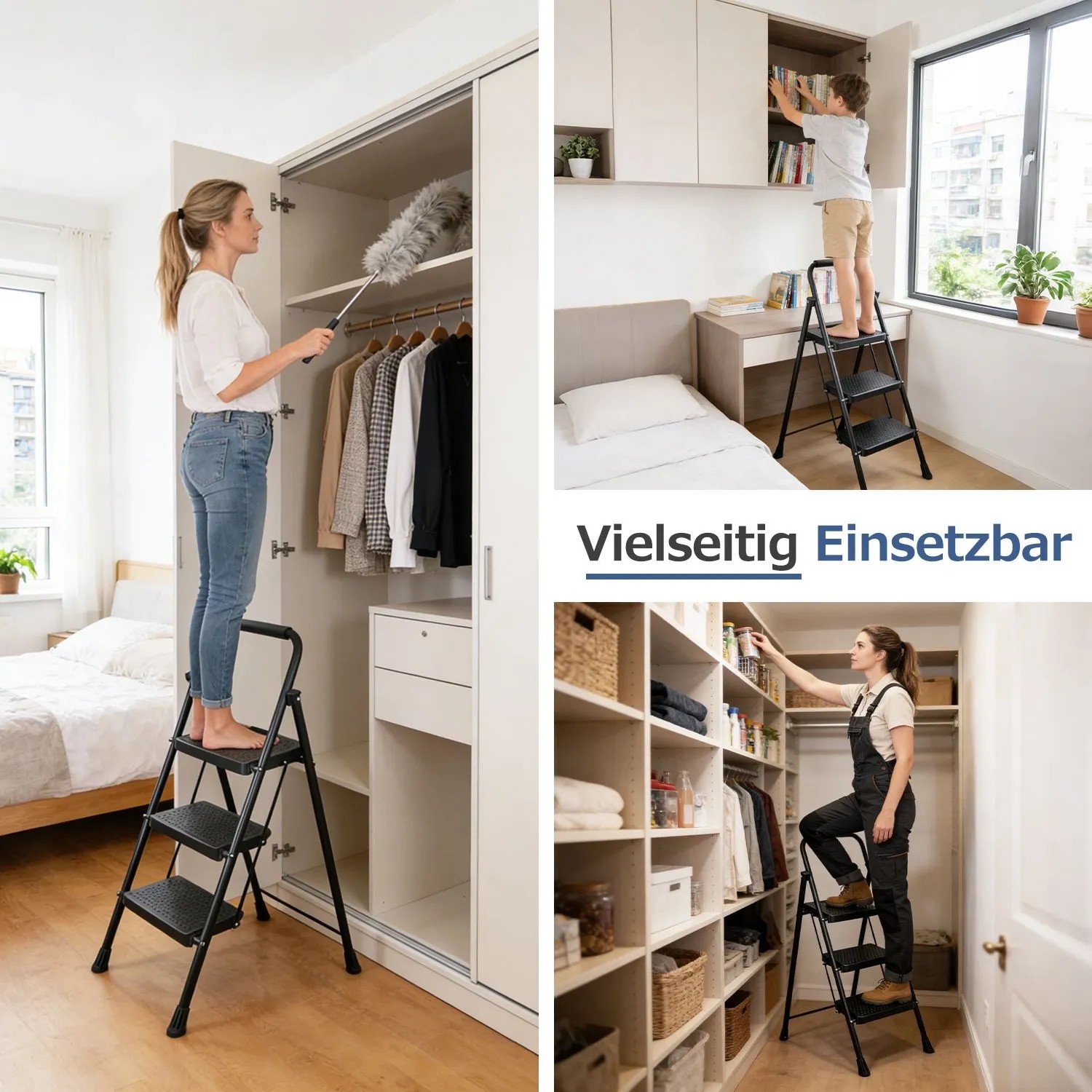 Schwarzer Sekey Klapptritt, 3 Stufen, faltbar. Vielseitige Haushaltsleiter für Regale, Küche, Reinigung. Stabil bis 150 kg.