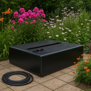 Rechteckiger, schwarzer 400L Trinkwasser-Wassertank von KMND im Garten mit Schlauch.