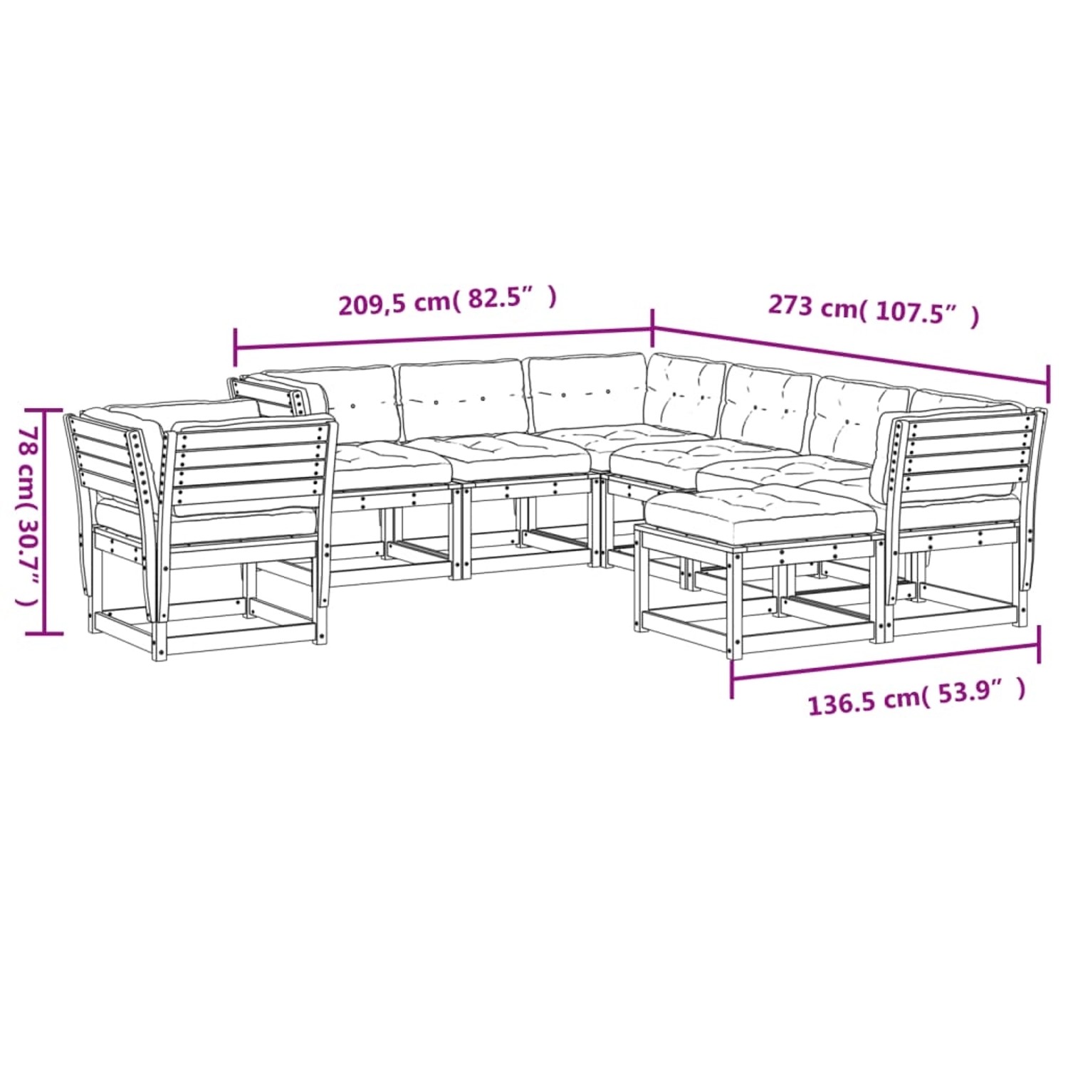 vidaXL Garten-Lounge-Set, 8-teilig, weißes Kiefernholz mit anthrazitfarbenen Kissen, Maße eingezeichnet.