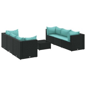 Schwarzes 7-tlg. Garten-Lounge-Set aus Poly Rattan mit wasserblauen Kissen und Tisch.