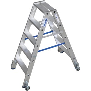 Krause Stufen-Doppel-Leiter, fahrbar, 2x5 Stufen, aus Aluminium mit Rollen.