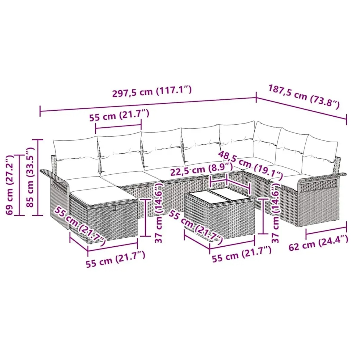 Beiges 9-teiliges Garten-Sofa-Set aus Poly Rattan mit Kissen und Stauraum von vidaXL.