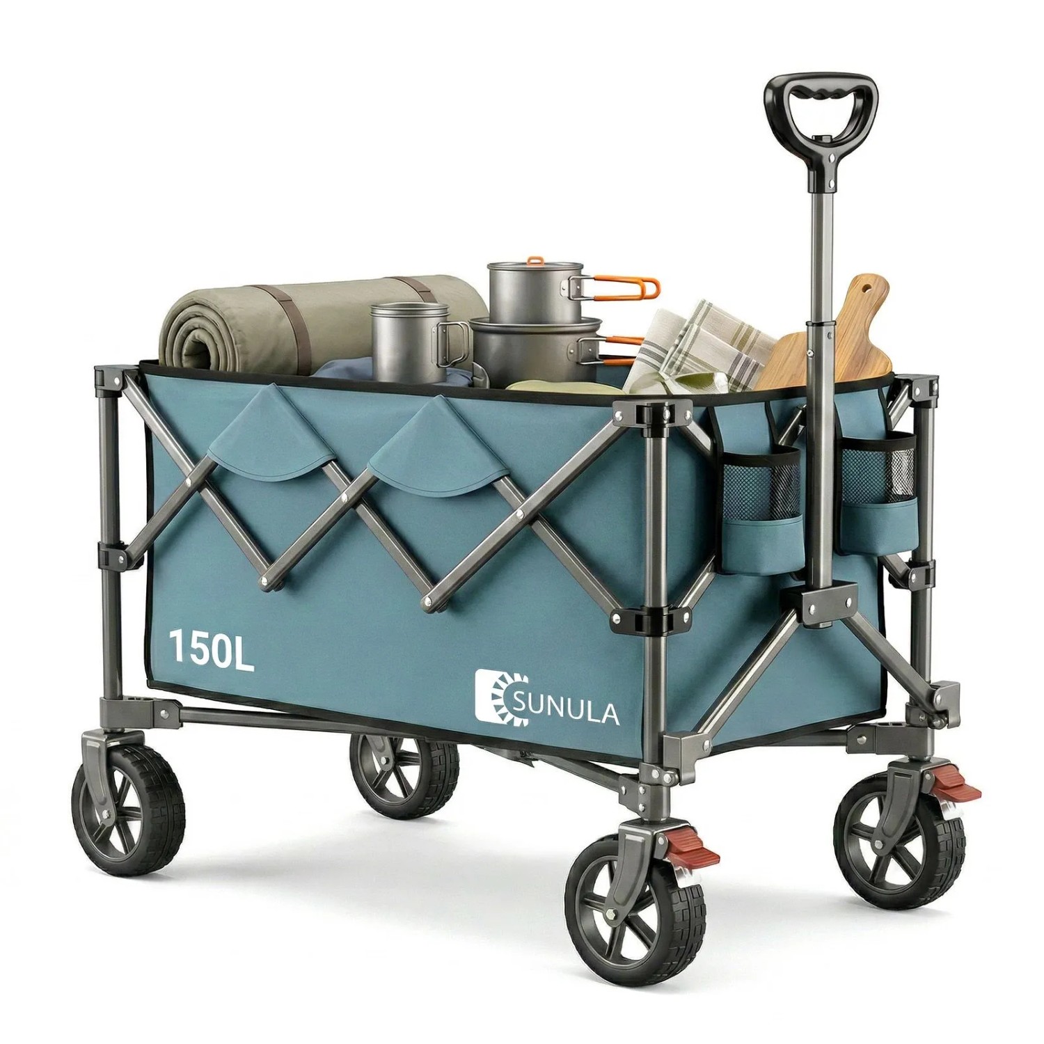 Faltbarer, grüner Sunula Bollerwagen mit Campingausrüstung. Tragkraft 120 kg.