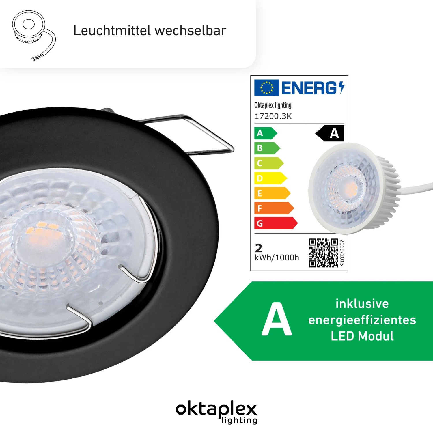Schwarzer Oktaplex Einbaustrahler Sedan 12er Set mit LED-Modul, warmweiß (3000K), 1,9W, 345lm.