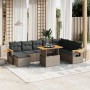 Graue 9-tlg. vidaXL Garten-Sofagarnitur aus Polyrattan mit Kissen und höhenverstellbarem Tisch.