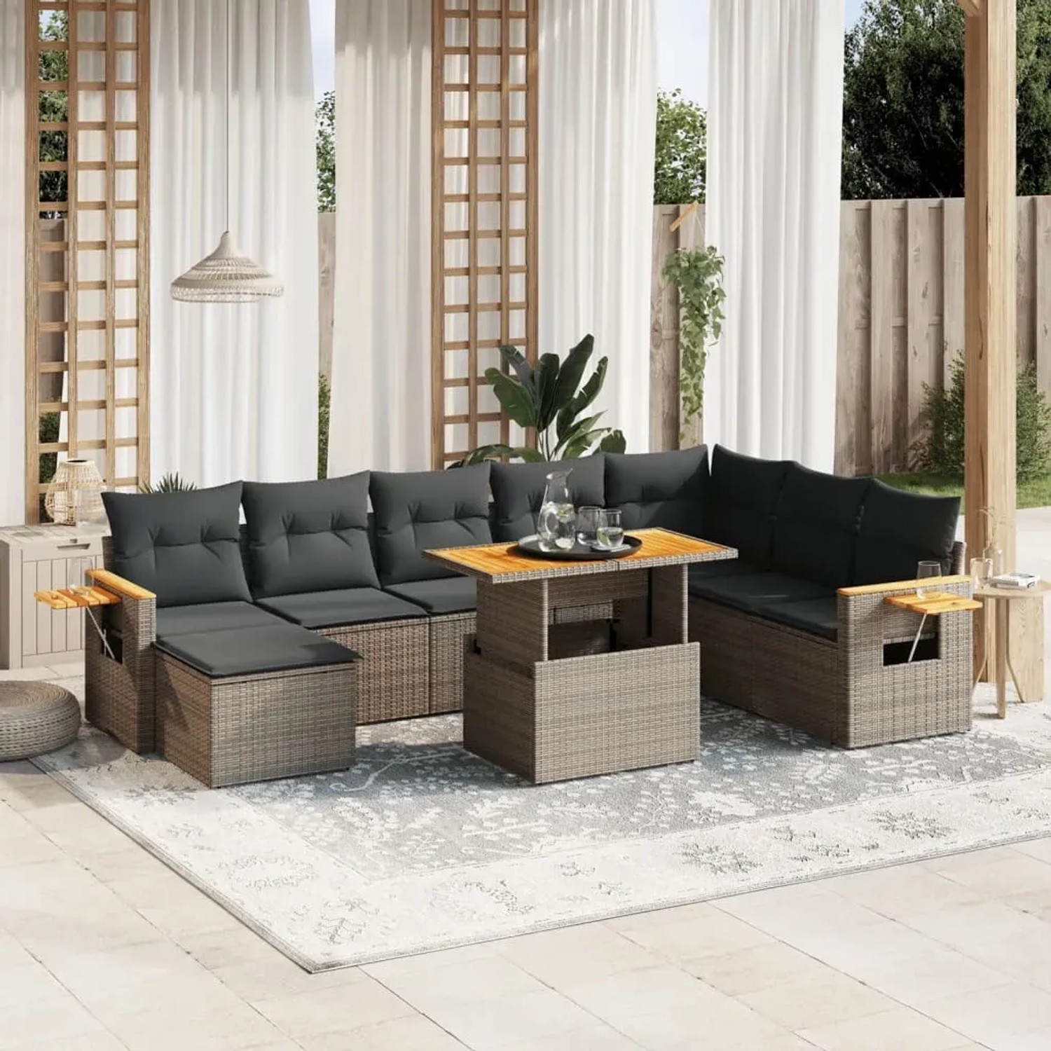 Graue 9-tlg. vidaXL Garten-Sofagarnitur aus Polyrattan mit Kissen und höhenverstellbarem Tisch.