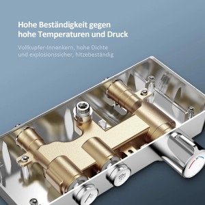 Innenansicht Emke Duschsystem mit Thermostat, Chrom-Armatur mit Kupfer-Innenleben.