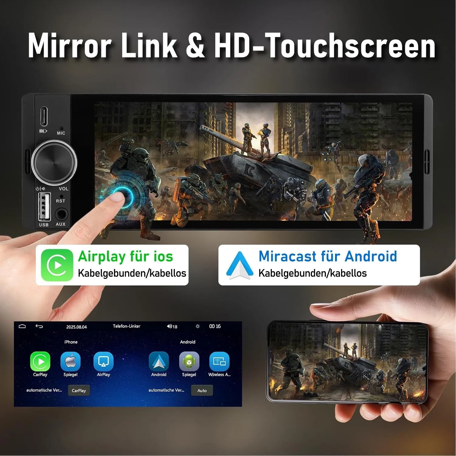 Junsun 6.3 Zoll Autoradio mit HD-Touchscreen, Hand bedient CarPlay/Android Auto, Mirror Link.