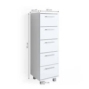 Weißer Vicco Badschrank Ilias (30x95 cm) mit 5 Schubladen für Badutensilien.