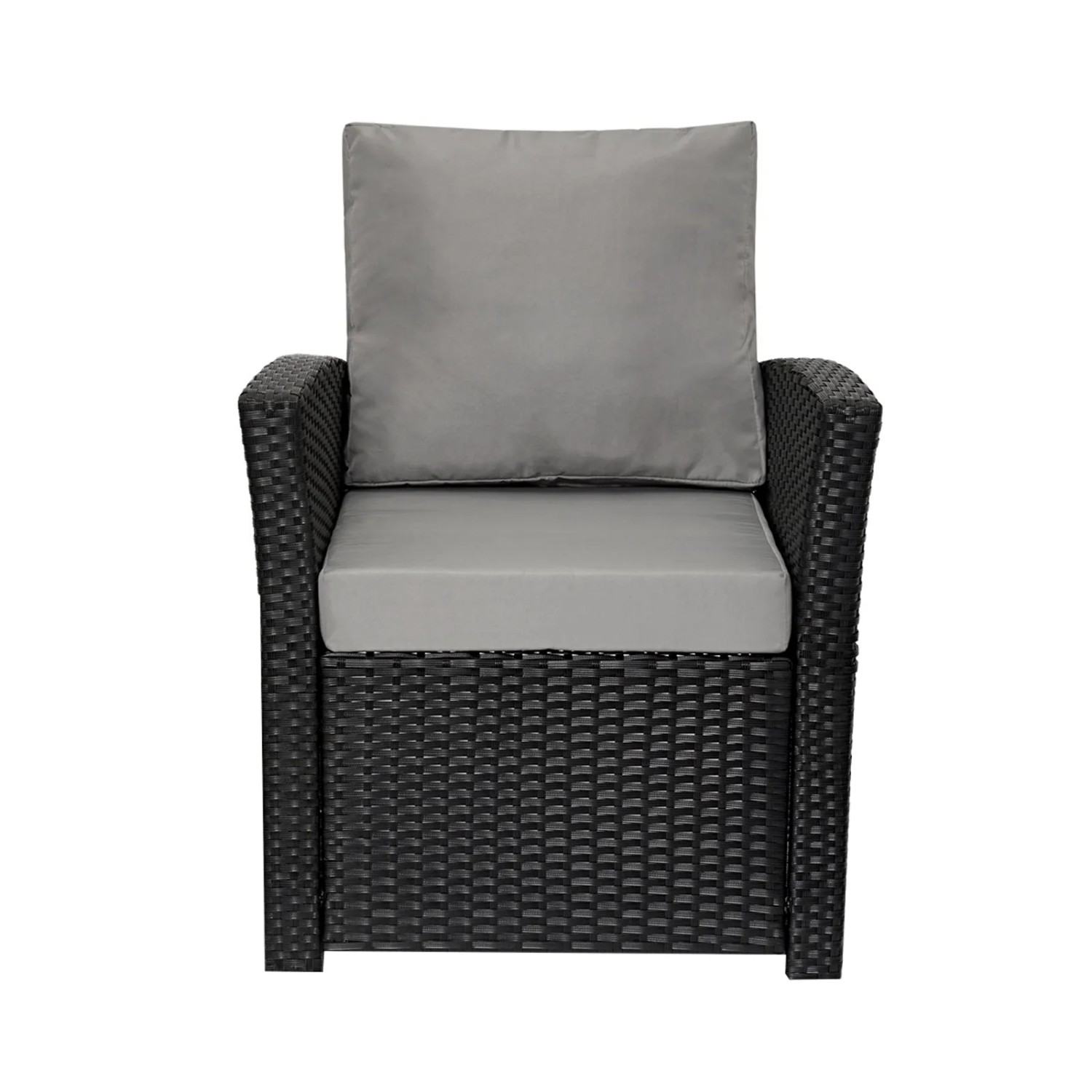 Sessel aus schwarzem Polyrattan der Svita Roma Gartenmöbel Sitzgruppe mit grauen Kissen.