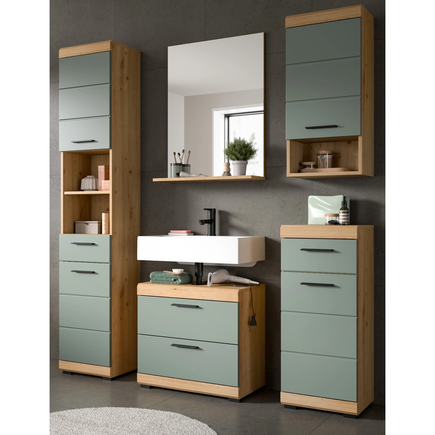 Inn.Furn Badmöbel Set in Grün und Eiche 5-teilig mit Viel Stauraum Shawn günstig online kaufen