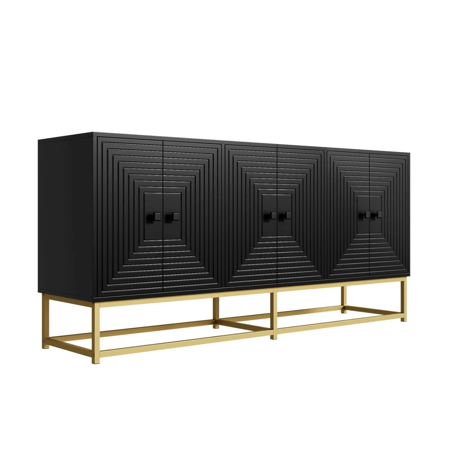 PXloue Sideboard 160 cm Schwarz mit 3 Doppeltüren Reliefstruktur und Metallfüßen