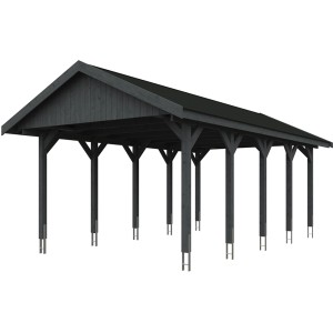 Satteldach-Carport Wallgau in Schiefergrau mit schwarzen Dachschindeln, Holzkonstruktion.