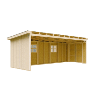 Timbela Premium Schuppen M941B, 14,3 m², beige-braun, mit zwei Fenstern und Doppeltür. Holz-Gartenhaus.