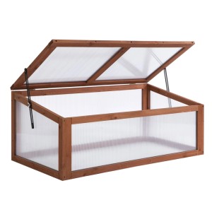 Outsunny Gewächshaus aus braunem Tannenholz und transparentem Polycarbonat, Deckel offen für Pflanzenbelüftung.